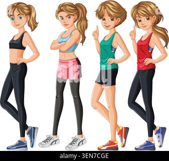Illustrazione vettoriale di quattro donne sportive con abiti sportivi colorati, pose casual, sfondo bianco Illustrazione Vettoriale