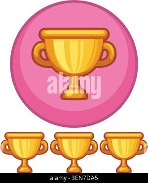 Illustrazione vettoriale di quattro coppe di trofei d'oro, contorni audaci, stile piatto, sfondo circolare rosa Illustrazione Vettoriale