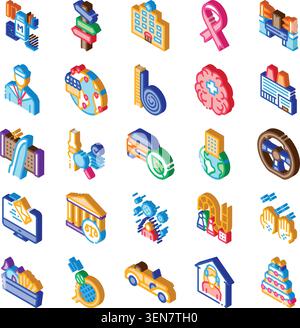 Collezione diversificata di icone isometriche colorate che illustrano vari concetti moderni tra cui comunicazione, salute, ambiente, istruzione, trasporti Illustrazione Vettoriale