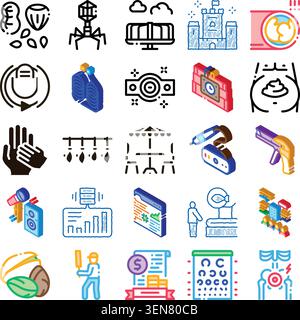 Set di icone glifi assortiti, isometriche e lineari che illustrano una vasta gamma di temi tra cui sviluppo web, sport, cure mediche, natura, in Illustrazione Vettoriale