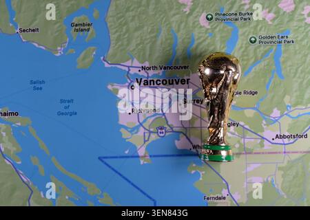 9 giugno 2026, Stati Uniti. La Coppa del mondo FIFA Gold Cup sullo sfondo della mappa di Vancouver. Foto Stock