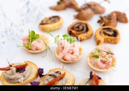 Stuzzichini d'oeuvres deliziosamente preparati su un piatto bianco incontaminato in una vivace riunione sociale Foto Stock