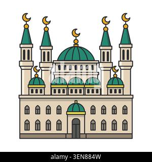 Grande moschea con cupole e icona dei minareti. Illustrazione vettoriale piatta isolata su sfondo bianco. Illustrazione Vettoriale