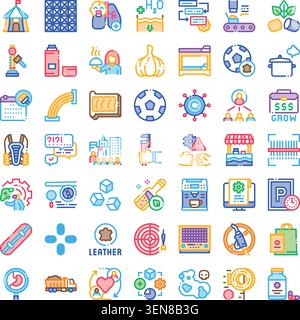 Set di icone della linea vettoriale che raffigura diversi aspetti, industria, sport, cibo, edilizia, la tecnologia e l'obiezione quotidiana hanno delineato per noi i simboli Illustrazione Vettoriale
