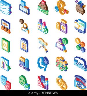 Raccolta diversificata di icone isometriche che illustrano temi quali business, finanza, tempo libero, salute, viaggi, tecnologia, istruzione e arte per il web a. Illustrazione Vettoriale