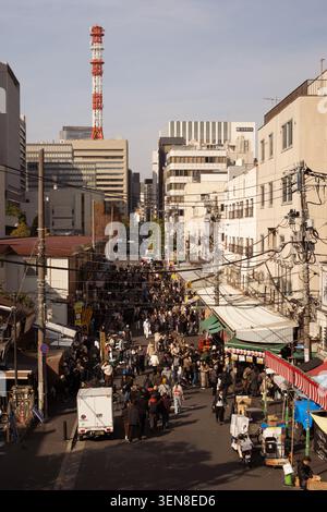 Una folla affollata di persone che camminano attraverso un mercato del pesce giapponese, Tokyo, Giappone Foto Stock
