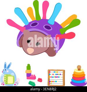 Coloratissimi giocattoli educativi per bambini, smistatore di ricci, perline di abaco, anelli impilabili e blocchi su sfondo bianco, promuovendo il gioco, l'apprendimento, il motore sk Illustrazione Vettoriale