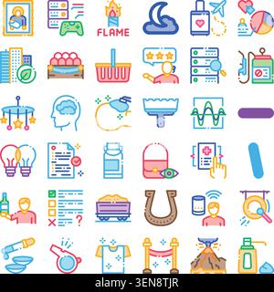 Set diversificato di icone lineari che illustrano un'ampia gamma di elementi digitali e reali, tra cui tecnologia, medicina, natura, stile di vita, viaggi, an Illustrazione Vettoriale