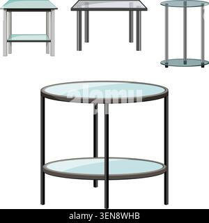 Vari tavoli in vetro che illustrano i moderni design di mobili per interni, tra cui forme rotonde e rettangolari con diverse strutture delle gambe e. Illustrazione Vettoriale