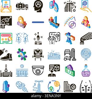 Raccolta di icone e pittogrammi diversi che rappresentano vari concetti, industrie, hobby, sport, affari, e le aree sanitarie su un dorso bianco Illustrazione Vettoriale