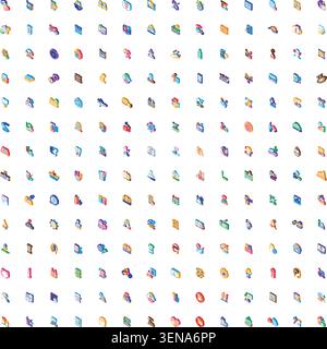 Ampia raccolta di diverse icone isometriche in un modello a griglia, che illustra vari concetti astratti relativi a business, comunicazione, strumenti e m Illustrazione Vettoriale