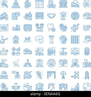 Ampia collezione di diverse icone blu disegnate a mano che illustrano numerose attività comuni, oggetti e concetti universali, presente Illustrazione Vettoriale