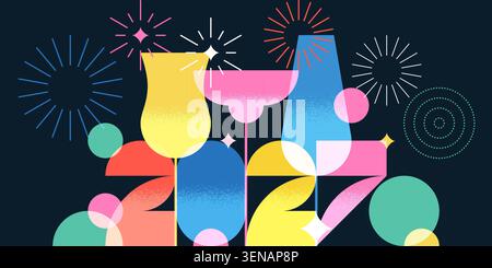 Striscione per la festa di Capodanno 2027, poster con cocktail colorati, vino, champagne, fuochi d'artificio. Illustrazione piatta vettoriale. Bevanda alcolica, analcolica Illustrazione Vettoriale