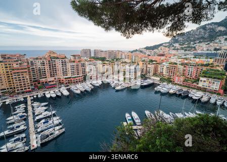 Vista panoramica ad alto angolo del porto di Fontvieille nel Principato di Monaco, piena di yacht di lusso e circondata da eleganti edifici residenziali, la Costa Azzurra. Foto Stock