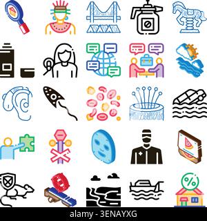 Set di icone isometriche a colori che illustrano la tecnologia moderna. Viaggiare. Scienza medica. Affari. Istruzione. Concetti sociali. E vari oggetti quotidiani Illustrazione Vettoriale