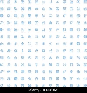 Serie diversificata di icone di linea blu che illustrano concetti in ambito aziendale, tecnologico, comunicazione, istruzione, sanità, e la finanza, che rappresenta la cifra moderna Illustrazione Vettoriale