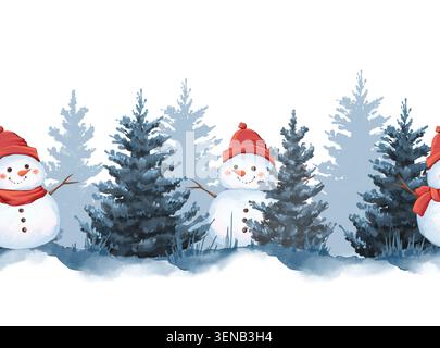 Pupazzo di neve invernale disegnato a mano bordo orizzontale senza cuciture Foto Stock