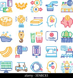 Set di icone line art che mostra diversi simboli di contorno per finanza, tecnologia, sanità, istruzione, settore, stile di vita e ambiente versatile collec Illustrazione Vettoriale