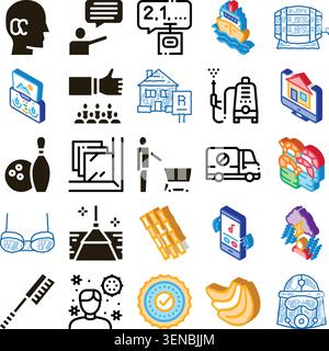 Insieme di icone vettoriali e pittogrammi diversi in stili glifi e isometrici che illustrano la comunicazione. Shopping. Immobili. Trasporto. Tempo libero. Salute Illustrazione Vettoriale
