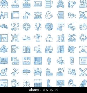 Ampia serie di icone con linee blu disegnate a mano che raffigurano attività globali, tecnologia digitale, interazione sociale, salute, ambiente, istruzione e creatività Illustrazione Vettoriale