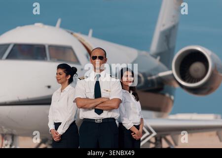 Pilota di jet privato sicuro con occhiali da sole aviatore con le braccia incrociate in piedi con due assistenti di volo sull'asfalto dell'aeroporto prima del lusso Foto Stock
