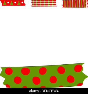 Nastri decorativi a tema natalizio con vari motivi, come pois, righe e alberi di natale, che offrono elementi versatili per la stagione cr Illustrazione Vettoriale