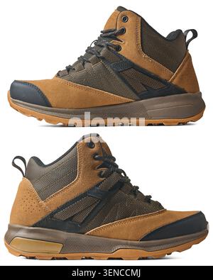 paio di scarponi da trekking marrone e nero sfondo bianco isolato, profilo di scarpe da trekking per esterni con suole robuste, vista laterale Foto Stock