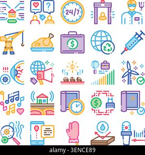 Illustrazione vettoriale con varie icone lineari dettagliate che rappresentano diversi aspetti del business, della tecnologia, dei concetti sociali e della vita quotidiana A. Illustrazione Vettoriale