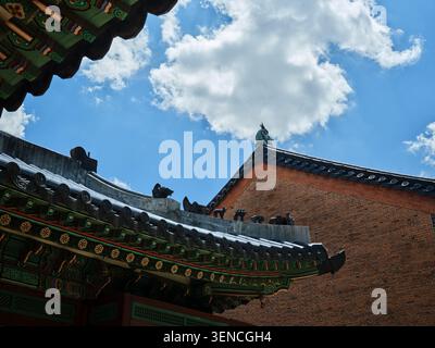 Serie di opere architettoniche che documentano la facciata unica, le strutture del tetto e il Dancheong di Jibokjae a Seul, mescolando stili Joseon e cinesi. Foto Stock