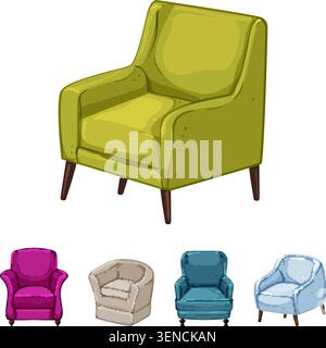 Poltrone con stili e colori diversi disposte in una collezione, che illustrano le opzioni di arredamento per ambienti residenziali e modalità confortevoli Illustrazione Vettoriale