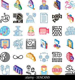 Compilazione di 30 icone isometriche diverse che rappresentano salute, viaggi, tecnologia, affari, istruzione, commercio e concetti vari in una griglia Illustrazione Vettoriale