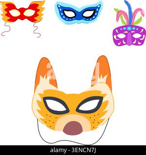 Collezione di maschere colorate per feste con una grande maschera per animali da volpe e maschere decorative per carnevale che illustrano i concetti di celebrazione, iden Illustrazione Vettoriale