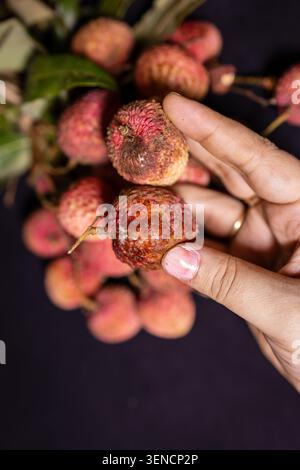 primo piano del litchi marcio con crescita fungina evidenziando il deterioramento dei frutti Foto Stock