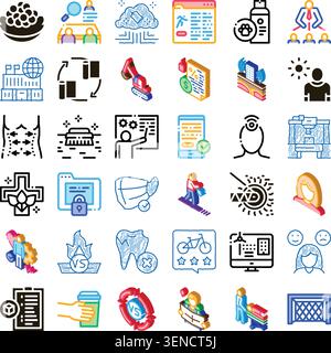 Insieme diversificato di icone sagomate e isometriche che rappresentano imprese, tecnologia, interazione sociale, salute, ambiente, comunicazione e manag Illustrazione Vettoriale