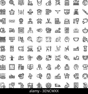 Set di icone vettoriali minimaliste in bianco e nero, con vari concetti dalle attività quotidiane, dalla tecnologia, dalla finanza, dai viaggi e da professioni diverse, p Illustrazione Vettoriale