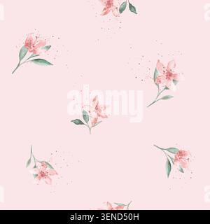Set di acquerelli di fiori rosa con piccoli spruzzi e foglie verdi. Boccali illustrativi disegnati a mano su sfondo bianco isolato. Pastello tenue Foto Stock