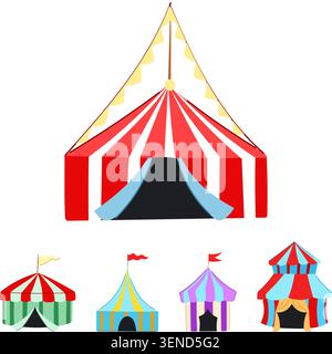 Collezione di varie tende di carnevale a righe dai colori vivaci, che forniscono un'illustrazione divertente e stravagante per intrattenimento, eventi e temi festivi Illustrazione Vettoriale