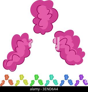 Forme astratte e morbide viola che rappresentano parti di una giocosa parrucca clown, che porta un elemento vibrante di intrattenimento, carnevale o costume design su un Illustrazione Vettoriale