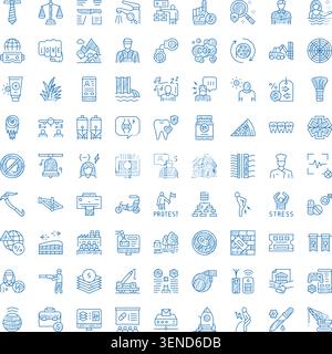 Ampia collezione di icone e scarabocchi disegnati a mano che rappresentano diverse tecnologie moderne, affari, stile di vita, salute, ambiente, t Illustrazione Vettoriale