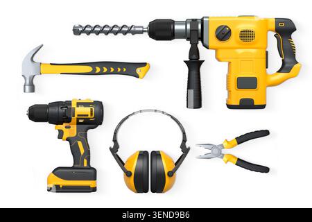 Utensili manuali e elettrici assortiti, tra cui trapano, martello e pinze, isolati su sfondo bianco con percorso di ritaglio. Concetto di riparazione e costruzione Foto Stock