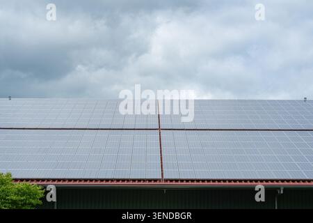 Vista frontale del tetto di un grande edificio residenziale o agricolo coperto da moderni pannelli fotovoltaici. Una perfetta rappresentazione di pulito, rinnovabile Foto Stock