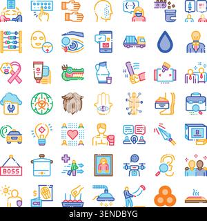 Raccolta di pittogrammi di linee concettuali che illustrano una vasta gamma di argomenti diversi, tra cui idee, salute, tecnologia, business, sicurezza, e h Illustrazione Vettoriale