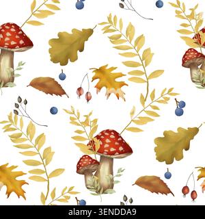 Foglie, ghiande, funghi e frutti di bosco, motivo autunnale senza cuciture. Illustrazione acquerello. Il disegno della foresta autunnale è disegnato a mano, isolato su backgroun Foto Stock