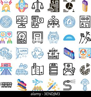 Una varietà di icone colorate e a forma di scarabocchio che rappresentano diversi concetti relativi a business, tecnologia, finanza, viaggi, comunicazione, salute, an Illustrazione Vettoriale