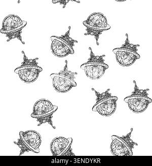 Motivo senza cuciture illustrazione dettagliata in bianco e nero disegnata a mano che raffigura un globo classico del mondo su un piedistallo decorativo antico, che rappresenta i concetti Illustrazione Vettoriale