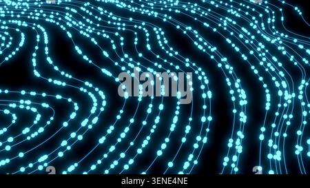 Flusso di dati sulle particelle astratte lungo la traiettoria curva con movimento digitale dinamico ed energia di rete Foto Stock