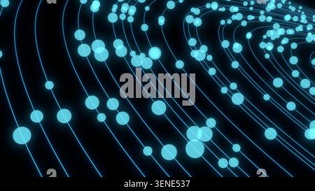 Flusso di dati sulle particelle astratte lungo la traiettoria curva con movimento digitale dinamico ed energia di rete Foto Stock