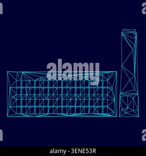 Fabbrica di edifici industriali a bassa triangolazione poligonale elettrica ciano blu blu blu blu brillante acquaone con colori al neon vivaci Illustrazione Vettoriale