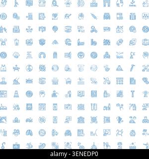 Ampia griglia che mostra su un bianco una raccolta diversificata di icone con linee blu disegnate a mano che rappresentano vari concetti aziendali, Web, sociali e didattici Illustrazione Vettoriale