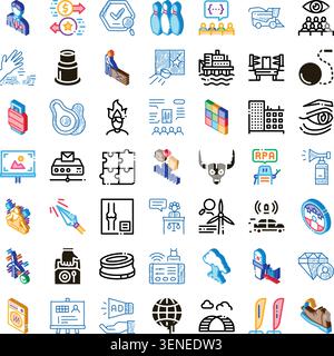 Set di icone glifiche, sagome e isometriche assortite per vari concetti aziendali, industriali e tecnologici, che illustrano le moderne soluzioni digitali e AC Illustrazione Vettoriale